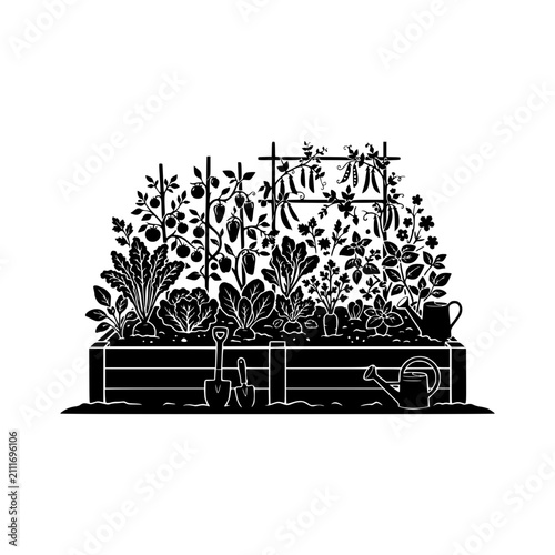 Raised garden bed with vegetables and tools silhouette illustration