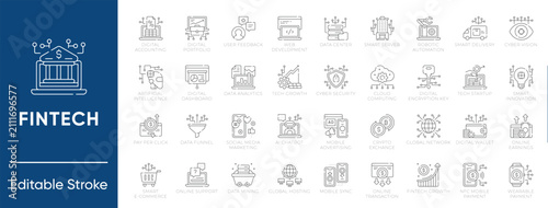 Fintech, AI, and digital technology outline vector icon set with editable stroke. Modern thin line icons for tech startup, data analytics, and cloud computing UI