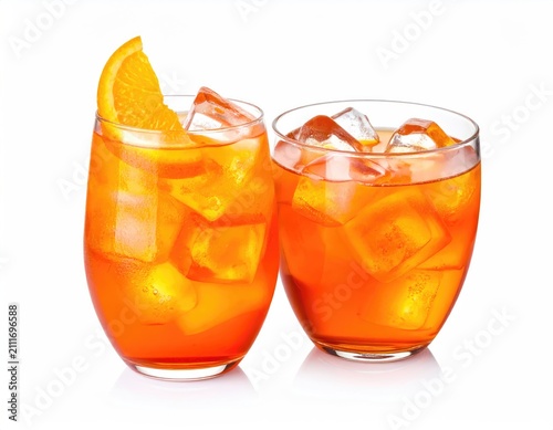 Two refreshing, orange-hued beverages with ice and orange garnishes