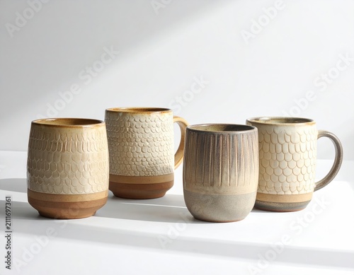 Four earthy ceramic mugs with unique textured patterns and warm tones