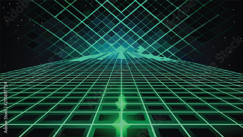 Obraz na płótnie Abstract green digital data grid with glowing perspective lines perspective tech