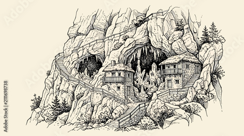 Hand-Drawn Artistic Illustration Featuring Rustic Mountain Cabins Nestled Within A Rocky Cave Landscape With Winding Stone Stairways And Nature Scenery