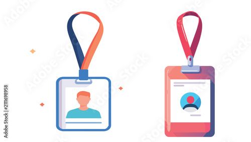Collection of colorful office ID badges and lanyards in blue, red, and teal tones, professional workplace illustration perfect for corporate and event concepts