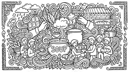 Community Sharing Soup and Bread, Doodle Art Style