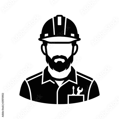 Minimalist Icon of a Bearded Construction Worker in Hard Hat