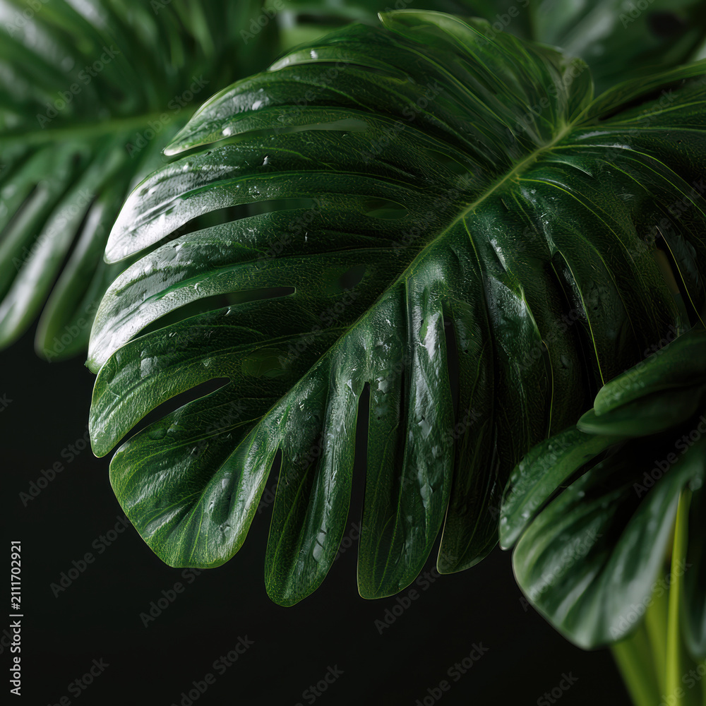 Fototapeta premium Large green monstera leaf with glossy texture, natural pattern, and water droplets on dark background, tropical foliage detail