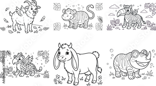 Cute black and white coloring book illustrations of unique animals and mythical creatures