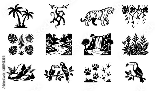 Canvas Print Tropical Jungle Wildlife Icon Set with Palm Trees Monkey Tiger and River Landsca
