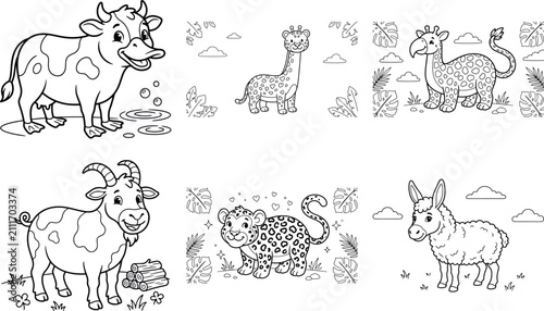 Adorable black and white coloring book illustrations of cute mythical sea animals