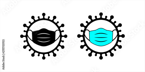 Black and white icon of a person wearing a face mask protecting against viruses and bacteria on transparent background. Black stylized face mask icon with ear loops on white background. Black . 