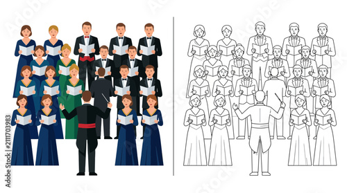 Diverse Choir Performing Music with Conductor Leading Ensemble