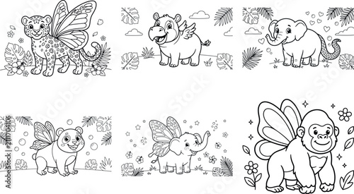 Cute black and white coloring book illustrations of unique animals and mythical creatures
