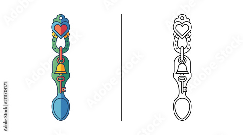Принти на полотні Whimsical Charm Spoon: Heart, Horseshoe, Bell, Key & Color Gradient vs Outline