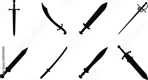 Sword and blade silhouette vector collection featuring historical cold weapons and medieval melee combat gear