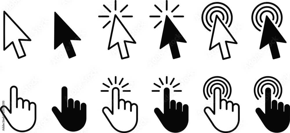 Fototapeta premium Minimalist mouse cursor icon set, black and white computer pointer arrows, 12 digital hand clicker icons for web interface design