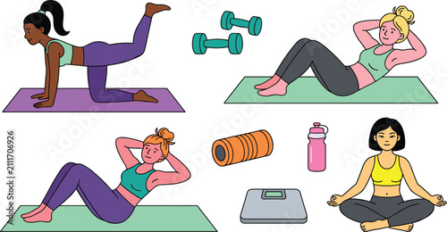 Obraz na płótnie Diverse Women Fitness and Workout Vector Character Set with Yoga Meditation, Abs