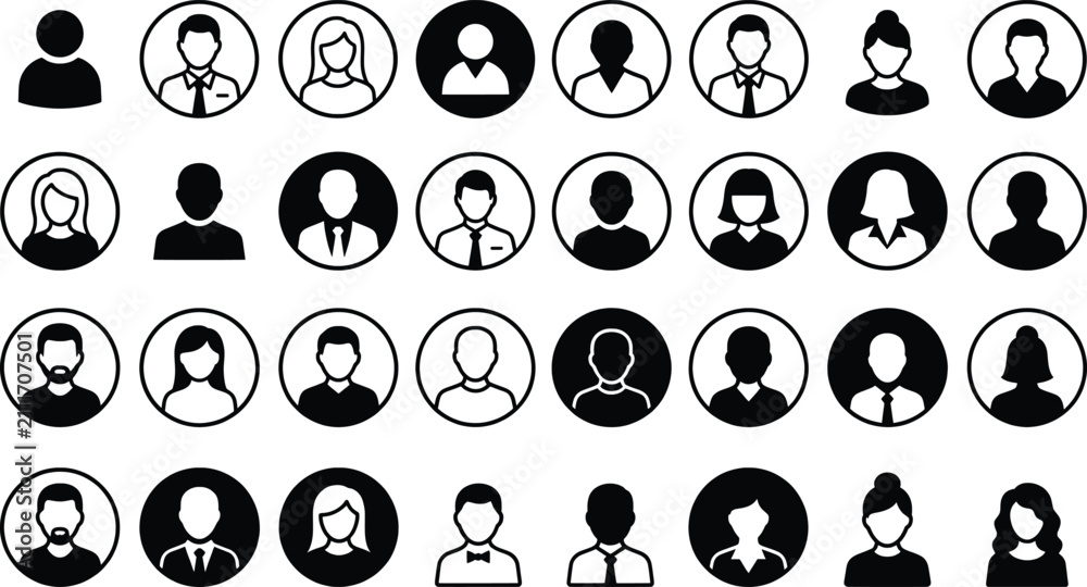 Fototapeta premium Minimalist user profile avatar icons, set of 32 black and white person silhouettes, professional human head and shoulder symbols for web interface