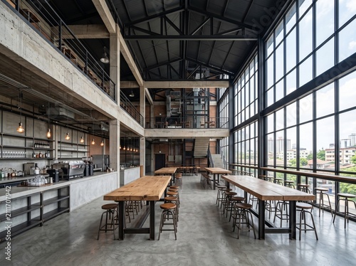 [Generative AI] Modern Industrial Loft Style Cafe Interior