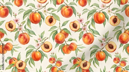 Seamless Watercolor Pattern of Ripe Peaches and Leaves.