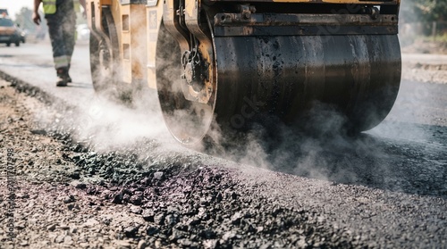 Heavy industrial steamroller machine pressing hot, steaming black asphalt during road construction