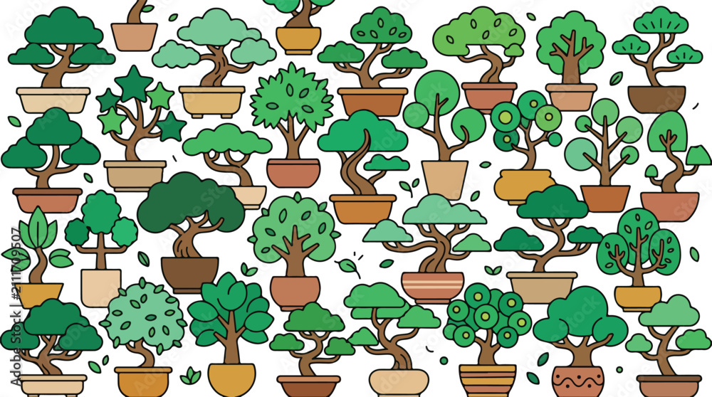 Fototapeta premium This vibrant vector illustration showcases a dense and diverse pattern of stylized cartoon bonsai trees in various decorative ceramic pots.