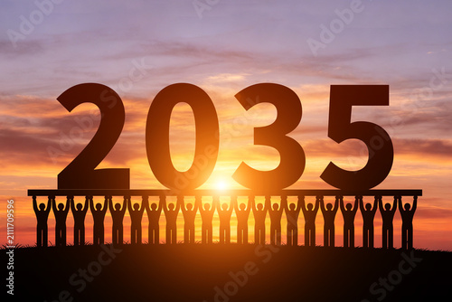 Numerous small figures silhouette in the morning sun, holding 2035