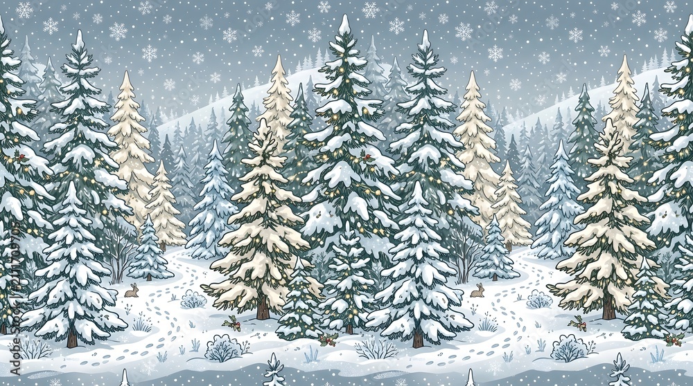 Obraz premium Seamless winter landscape illustration with snowy pine forest and snowfall.