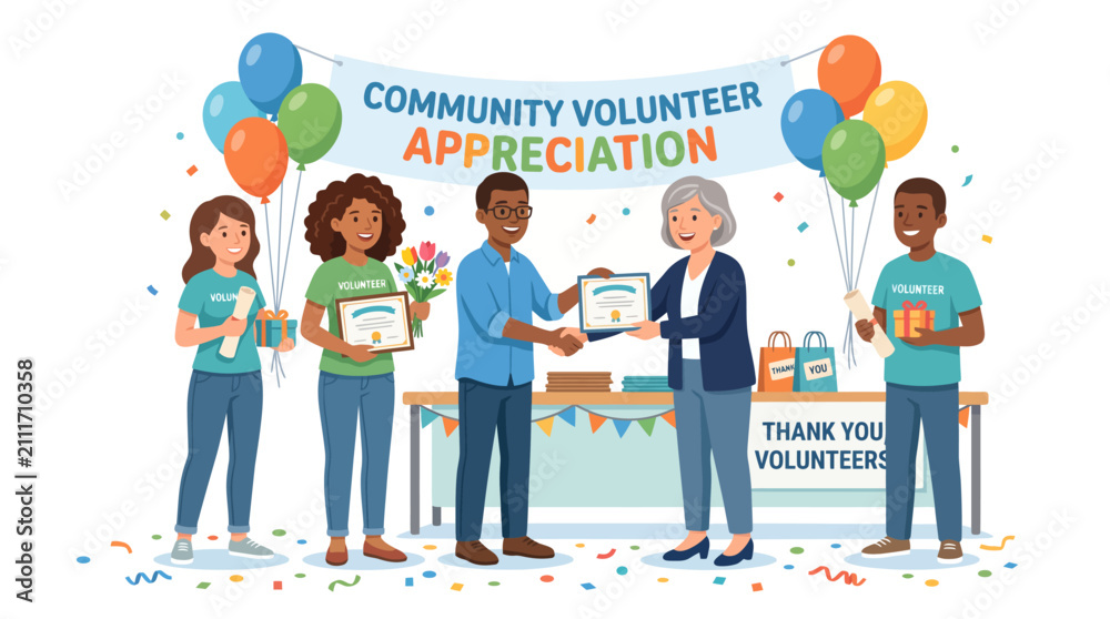 Fototapeta premium Diverse group of volunteers receiving recognition awards at a festive community appreciation event celebration