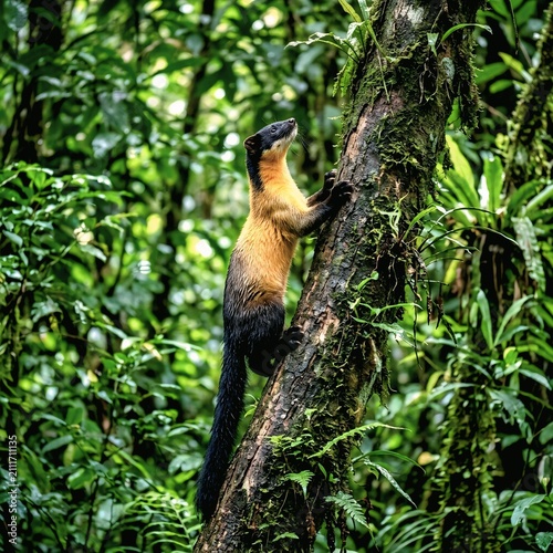 Yellow-throated Marten Climbing Forest Tree