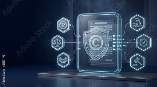Intellectual property protection concept featuring glowing copyright shield hologram and connected legal technology nodes for digital rights management