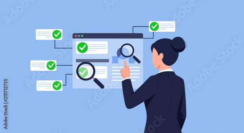 A professional woman inspects digital data records through interactive magnifying tools while verifying important information within a graphical web interface to ensure complete accuracy for her