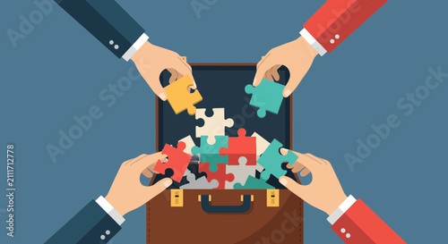 Professional business partners collaborate by organizing colorful puzzle pieces into an open leather briefcase for achieving strategic growth and effective project management during a team