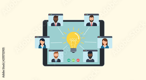 A group of diverse professionals engages in a creative brainstorming session through a digital conference call on a tablet screen to generate innovative ideas for their future corporate