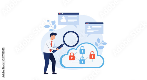 A dedicated professional analyst examines complex digital security protocols within a virtual storage network to ensure robust protection for sensitive user information against malicious cyber