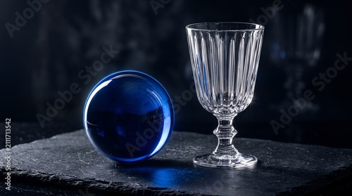 Blue glass sphere and clear crystal goblet on dark slate surface.