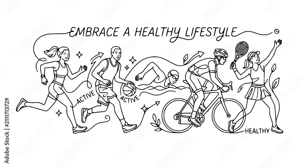 Obraz premium Healthy Lifestyle Collage: Running, Basketball, Swimming, Cycling, Tennis - Line Art