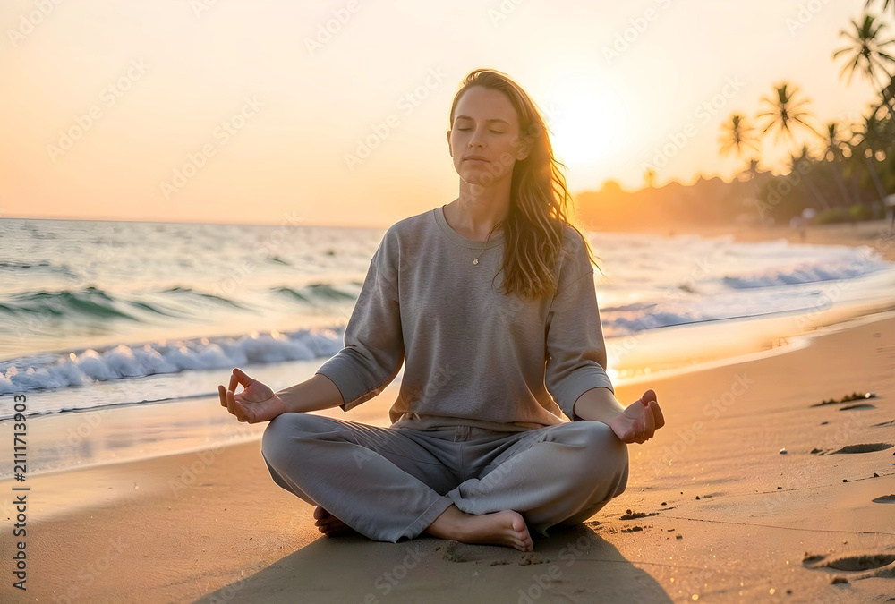 Fototapeta premium Woman meditating in lotus position on a sandy beach at sunset, promoting mindfulness, relaxation, and spiritual well being