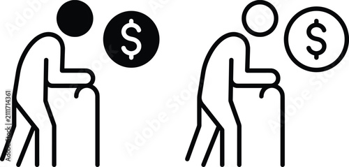 Fotografía Elderly Person with Walking Stick and Dollar Coin Icon Set for Retirement Fund,
