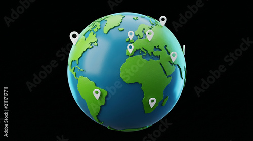 3D stylized earth globe with white location pins on dark background.