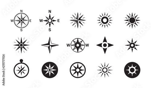 Collection of compasses and sun symbols illustrating direction and light.