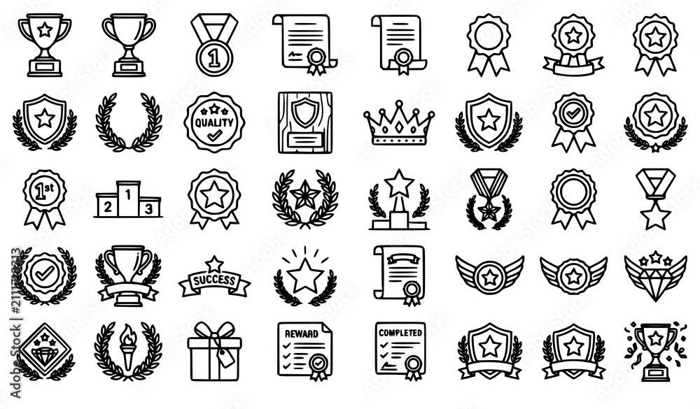Fototapeta premium Minimal Line Award Trophy Medal Certificate Outline Vector Icon Collection