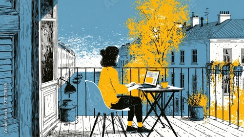 Person working on a laptop on a balcony with a city rooftop view remote work illustration