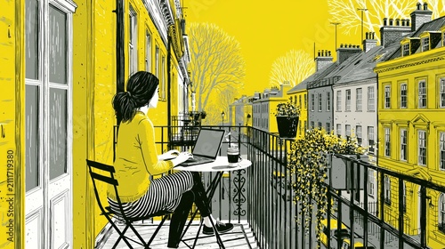 Person working on a laptop on a balcony with a city rooftop view remote work illustration