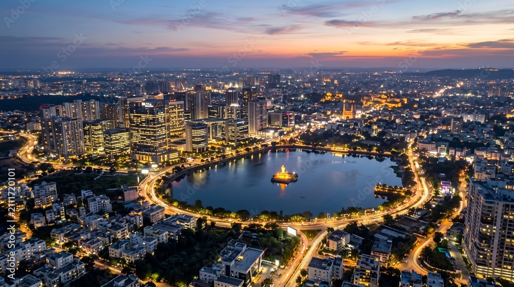 Fototapeta premium Aerial view of Hussain Sagar Lake and Hyderabad skyline at sunset with city lights.