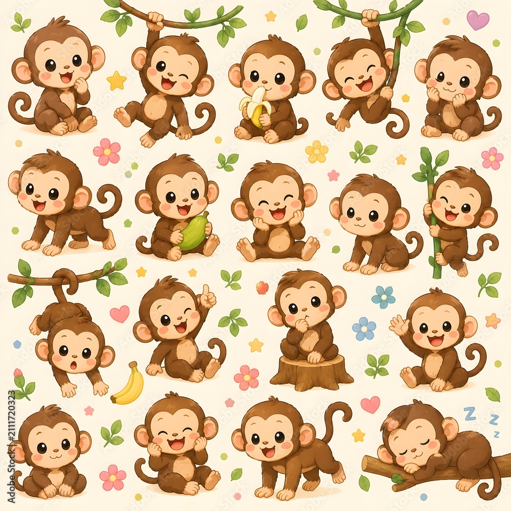 Fototapeta premium Playful seamless pattern featuring adorable monkeys in various poses with tropical leaves, flowers, and branches in watercolor style.