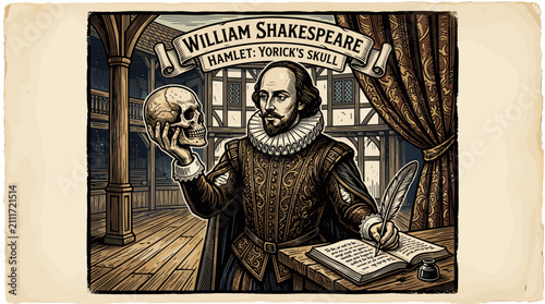 Theatrical Portrait of William Shakespeare Holding a Skull and Quill