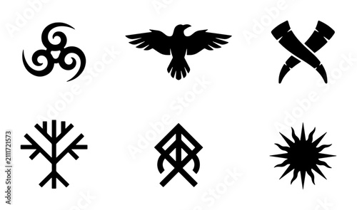 Foto Norse Mythology Symbols Vector Icons, Viking Runes, Odin's Ravens, Celtic Knot,