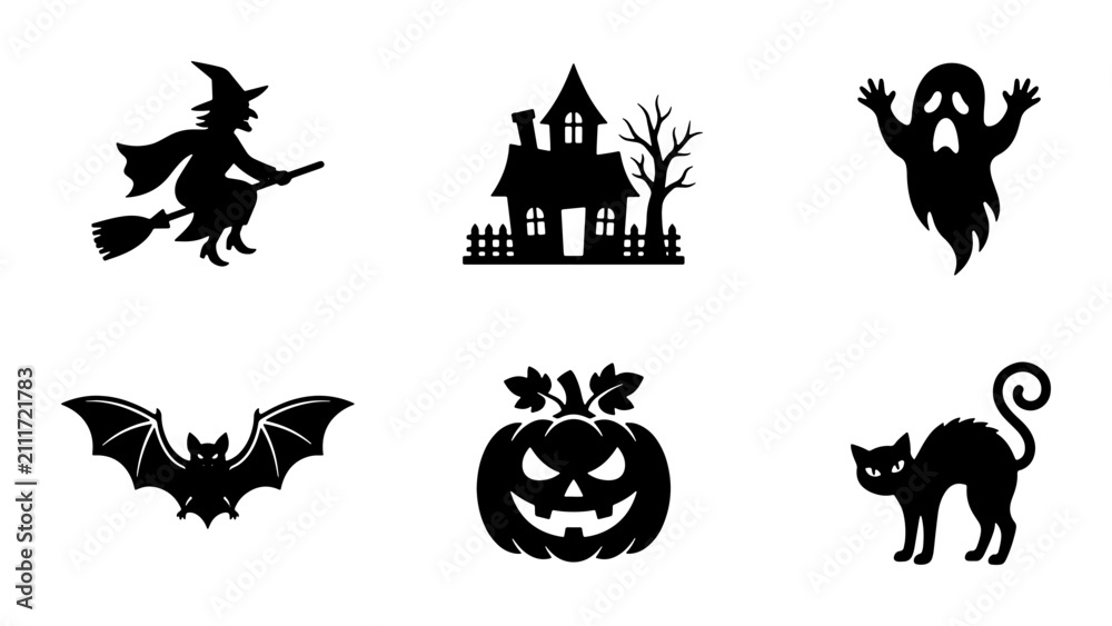 Fototapeta premium Halloween Icons Set: Witch, Ghost, Bat, Pumpkin, Black Cat, Haunted House Silhouettes