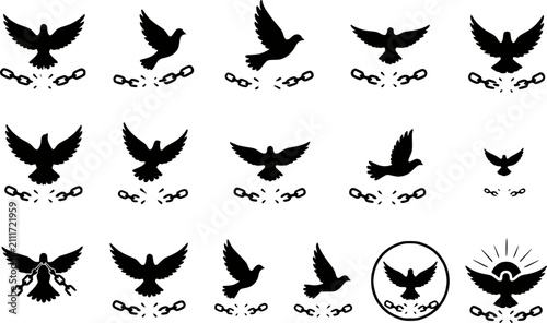Obraz na plátne Bird breaking free from chains silhouette icon set with dove and broken chain sy