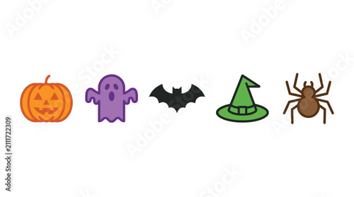 A set of five flat design Halloween icons arranged horizontally
